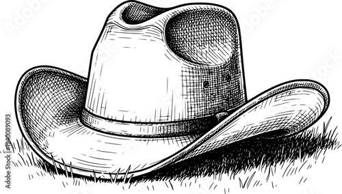 Hand Drawn Black and White Cowboy Hat Resting Grass with Transparent Background western