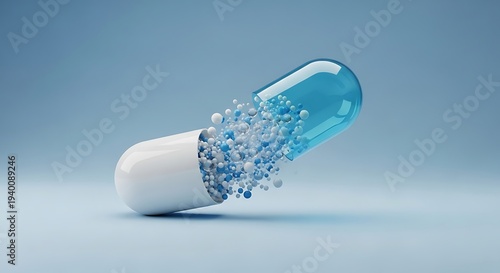 Open capsule releasing blue and white particles on blue background
