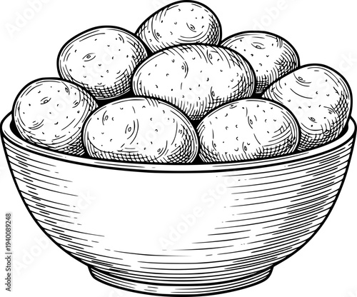 Hand Drawn of a Bowl Overflowing with Fresh Potatoes a White Background food