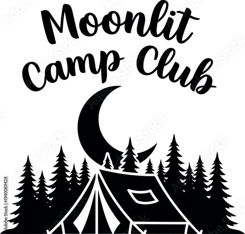 Moonlit Camp Club vector logo with tent, crescent moon, and pine trees for outdoor adventure branding