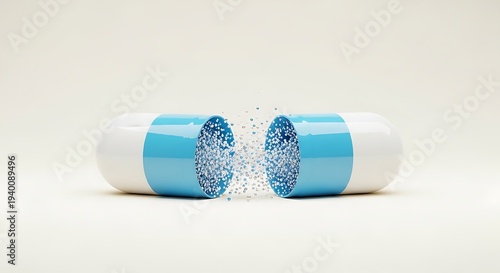 Blue capsule breaking open releasing medication particles