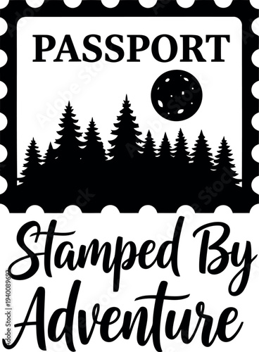 Adventure Passport Stamp Silhouette with Forest Trees and Moon for Travel Inspiration Designs