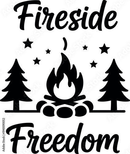 Fireside Freedom Campfire Vector with Pine Trees and Stars for Outdoor Adventure Designs