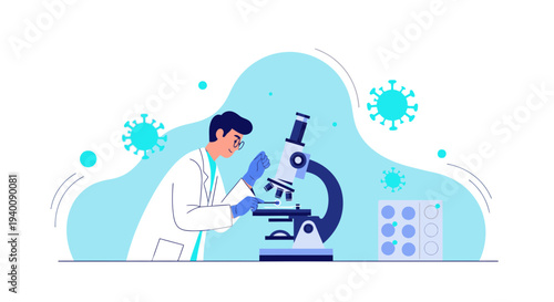 Scientist examining virus sample under microscope, research laboratory, medical science concept