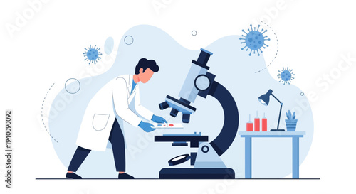 Scientist examining virus sample under microscope in laboratory, scientific research concept