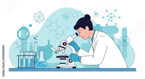 Scientist examining sample under microscope in laboratory with chemical formulas and molecules