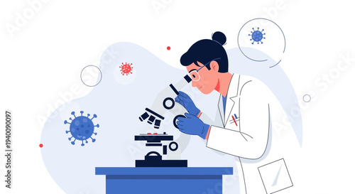 Scientist examining virus under microscope, research and development, medical laboratory