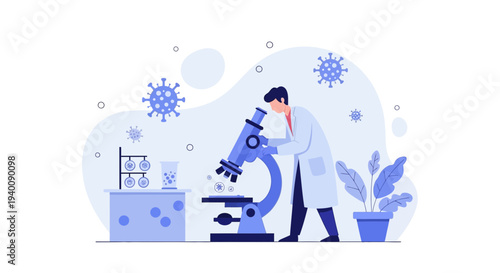 Scientist examining virus under microscope in laboratory, scientific research concept