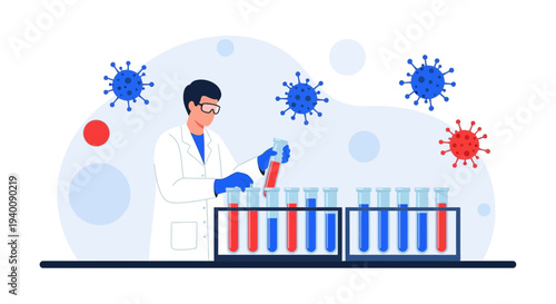 Scientist in lab coat conducts experiment with test tubes and virus particles