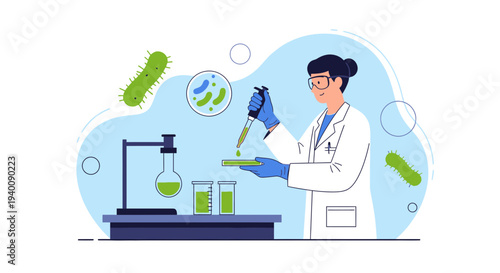 Scientist in lab coat conducts experiment with petri dish and microscope, studying bacteria