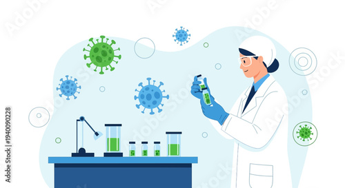 Scientist in lab coat examines virus sample, research, vaccine development, coronavirus