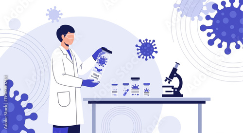 Scientist in Lab Coat Examines Coronavirus Sample with Microscope and Vials