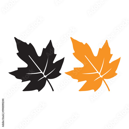 Two Maple Leaves Black and Orange Autumn Season Nature Element Isolated on white background