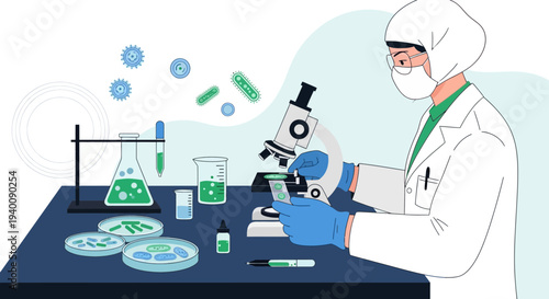Scientist in lab coat examining sample under microscope, bacteria and science equipment