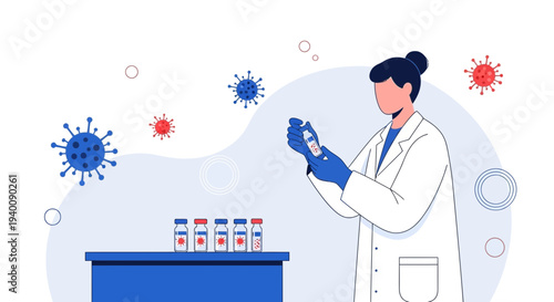 Scientist in Lab Coat Holds Vaccine Vial Amidst Coronavirus Particles