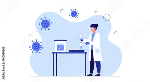 Scientist in lab coat examining virus sample in laboratory, research concept