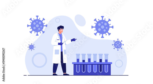 Scientist in lab coat with coronavirus, test tubes, and microscope, research concept