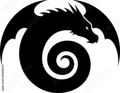 Black Dragon Silhouette Spiral Logo Isolated on White Background for Fantasy and Tattoo Design