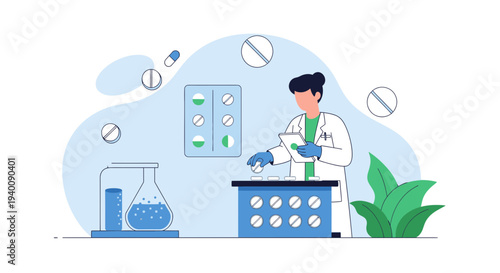 Scientist working with pills and laboratory equipment, pharmaceutical research concept