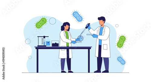 Scientists studying bacteria in a laboratory, with microscopic organisms floating around.