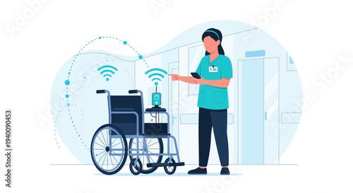 Smart wheelchair with nurse using mobile app, healthcare technology concept