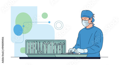 Surgeon in sterile scrubs and mask prepares surgical instruments for operation