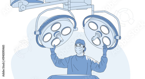 Surgeon Adjusting Operating Room Lights Before Surgery, Medical Procedure
