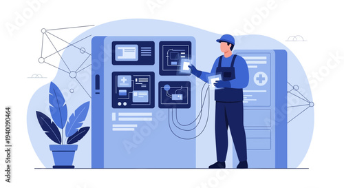 Technician working on futuristic control panel with data screens and network connections