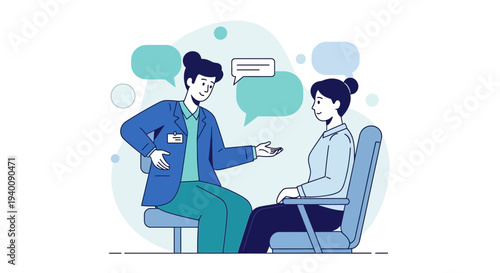 Two people in conversation, one is a therapist or counselor, discussing issues.