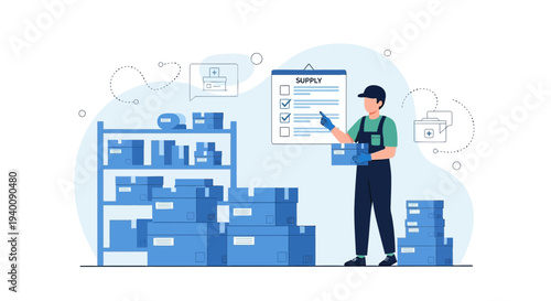 Warehouse worker organizing boxes and checking supply list on clipboard