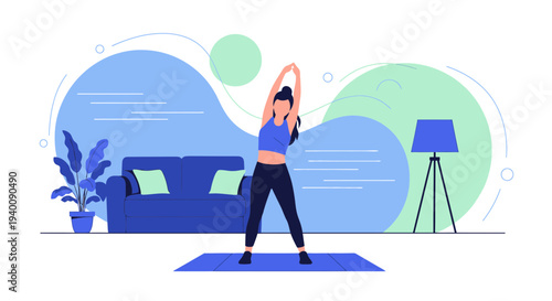 Woman doing yoga stretching at home, healthy lifestyle, indoor fitness, living room workout