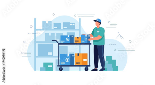 Warehouse worker with cart and boxes, logistics and delivery concept