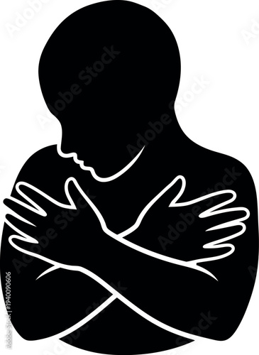 Silhouette of Person Hugging Themselves in Self-Compassion Pose, Black and White Vector Illustration