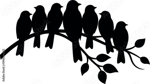 Silhouette of Birds Perched on Tree Branch with Leaves Isolated on White Background Vector Illustration