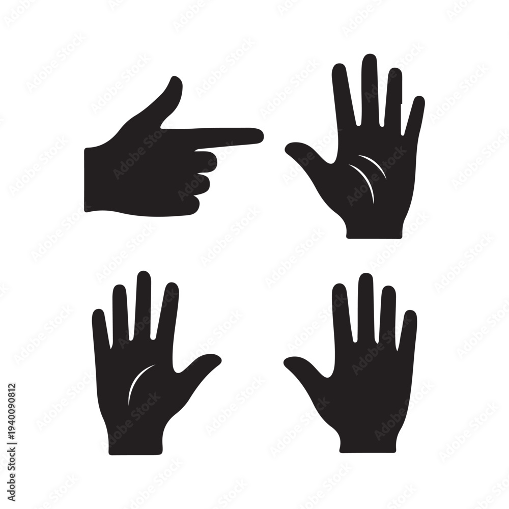 Obraz premium Hand Gestures Pointing and Open Palm Icons Set Communication Symbols Isolated on white background