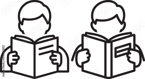 Two simple line art icons of people reading books, representing education, learning, and literacy