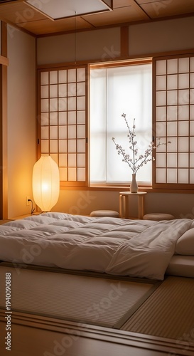 Traditional Japanese bedroom interior design.