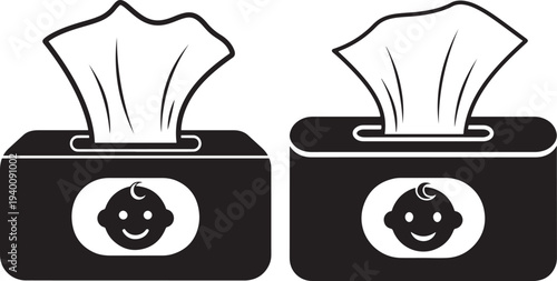 Two black and white outline icons of baby wipe containers with smiling baby faces, symbolizing baby care, hygiene, and cleanliness