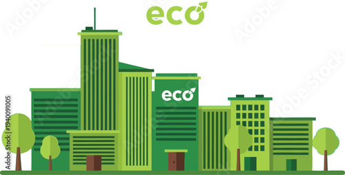 Sustainable eco friendly cityscape with modern green buildings and trees