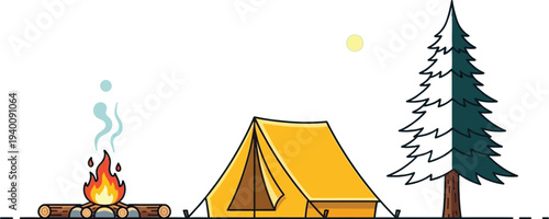 Cozy campsite with tent, campfire, and pine tree under moonlight