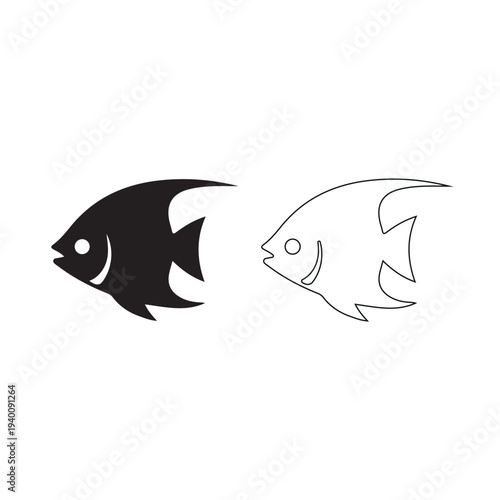 Two Angelfish Icons: Solid Black and Outline Styles Aquatic Life Isolated on white background