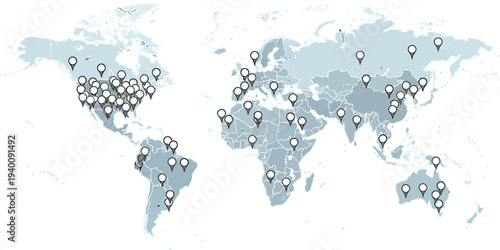 Global locations marked on world map with pins
