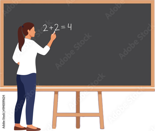Female teacher writing math equation on classroom blackboard