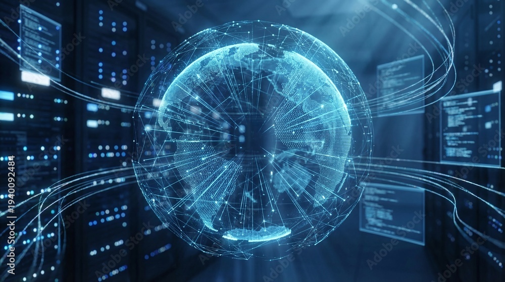 Fototapeta premium Advanced global digital network concept illustrating secure international data streaming and intelligent information flow within a high-tech server environment