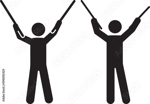 Stick figure conductor leading orchestra with baton, energetic musical performance symbol