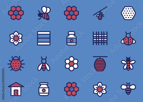 Twenty graphic icons on a blue surface illustrate themes of honey production with honeycomb shapes foraging bees storage jars and spring blooms.