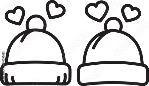 Two simple outline icons of winter hats with hearts floating above, symbolizing love, warmth, and winter affection