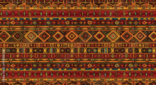 Traditional tribal ornament wallpaper, repeating ethnic motifs with bold symmetrical layout