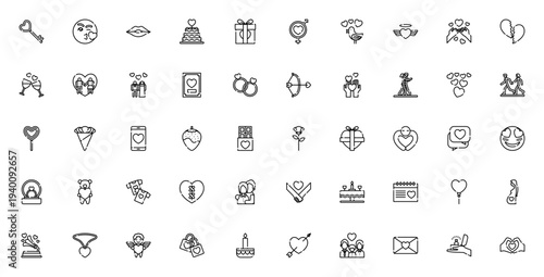 Love icon set. Vector illustration pack featuring heart, couple, wedding, gift, romance symbols. Includes key, kiss, cake, ring, family, cupid and more. Editable stroke.