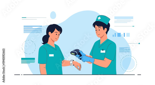 Nurse Scanning Patient's Smartwatch for Health Data in Modern Clinic